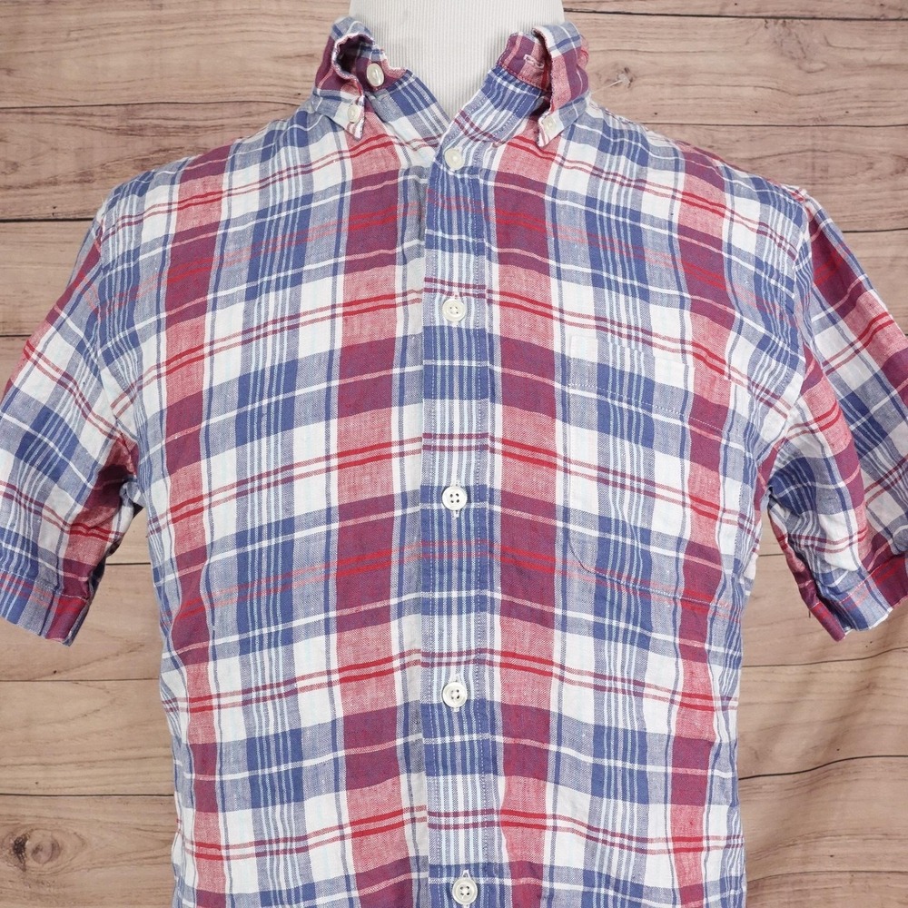 Brooks Brothers Shirt Mens M Plaid Short Sleeve Button-Up 100%‎ Linen Regent Fit